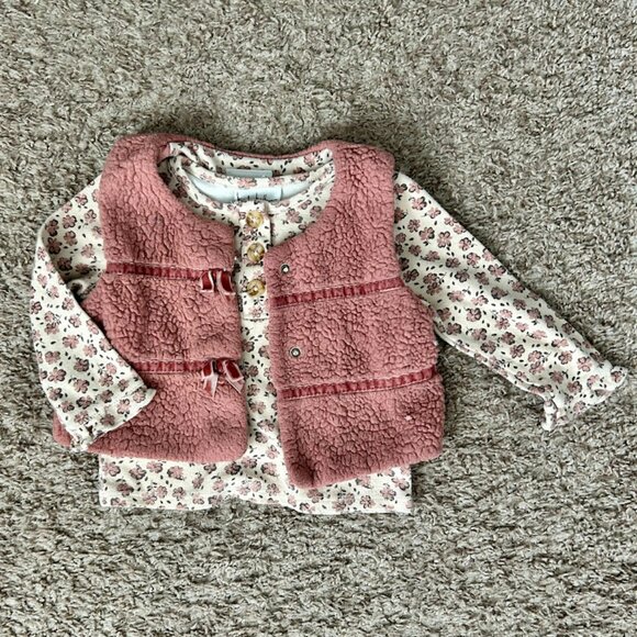 Nicole Miller Sweet Floral Long Sleeve Tee w Matching Fuzzy Pink Vest I Size 18M - Picture 2 of 11